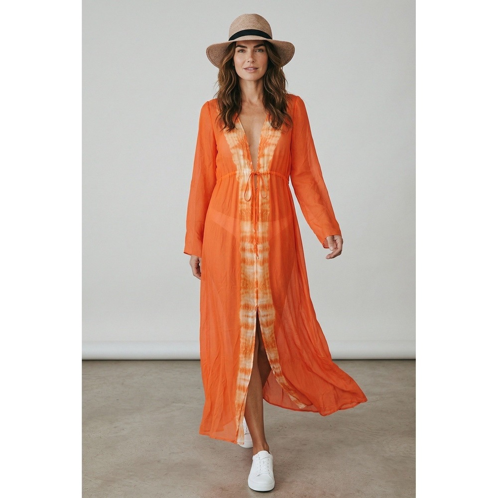 Gypsy 05 Orange Delicate Silk Maxi Dress Flowy Beach Coverup Kaftan Sz L